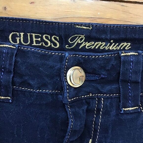 GOLD Premium Guess denim mini skirt dark blue gold sexy low rise in size 28 - Picture 6 of 16